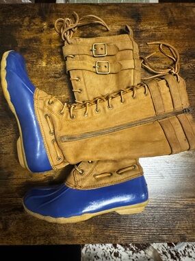 Tan Suede Lace-Up Duck Boots with Blue Rubber Toe